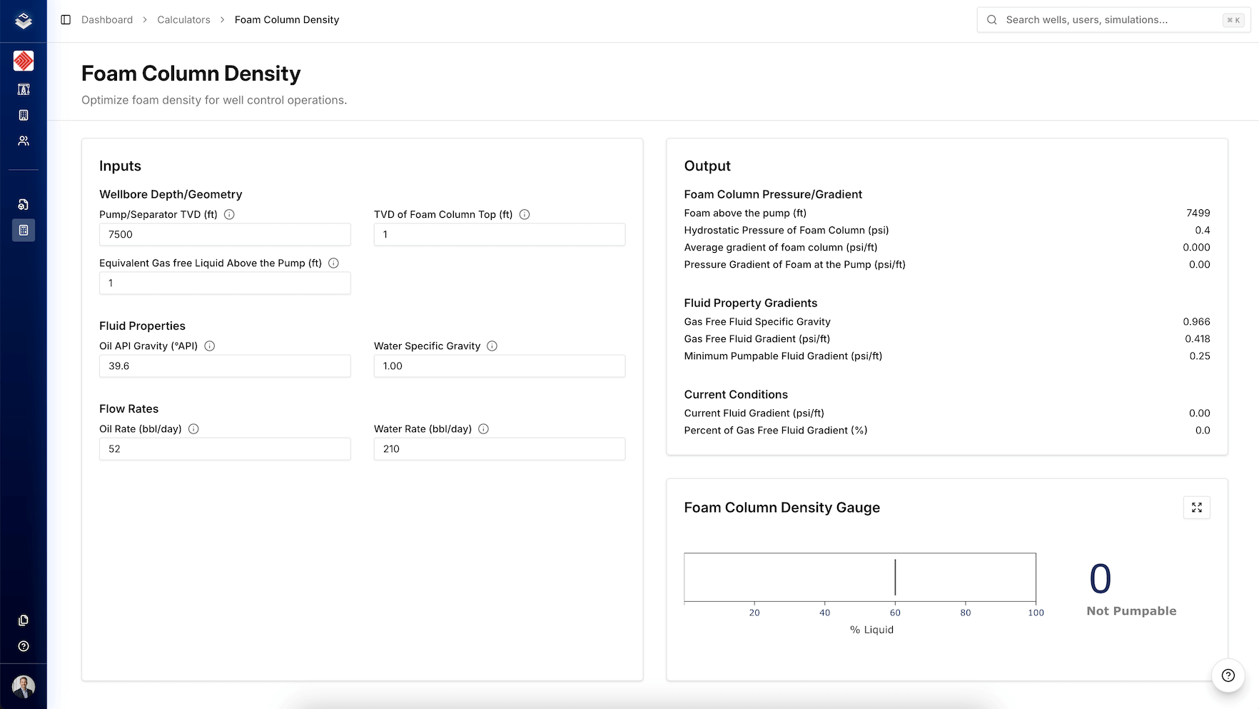 Foam Column Density Calculator interface
