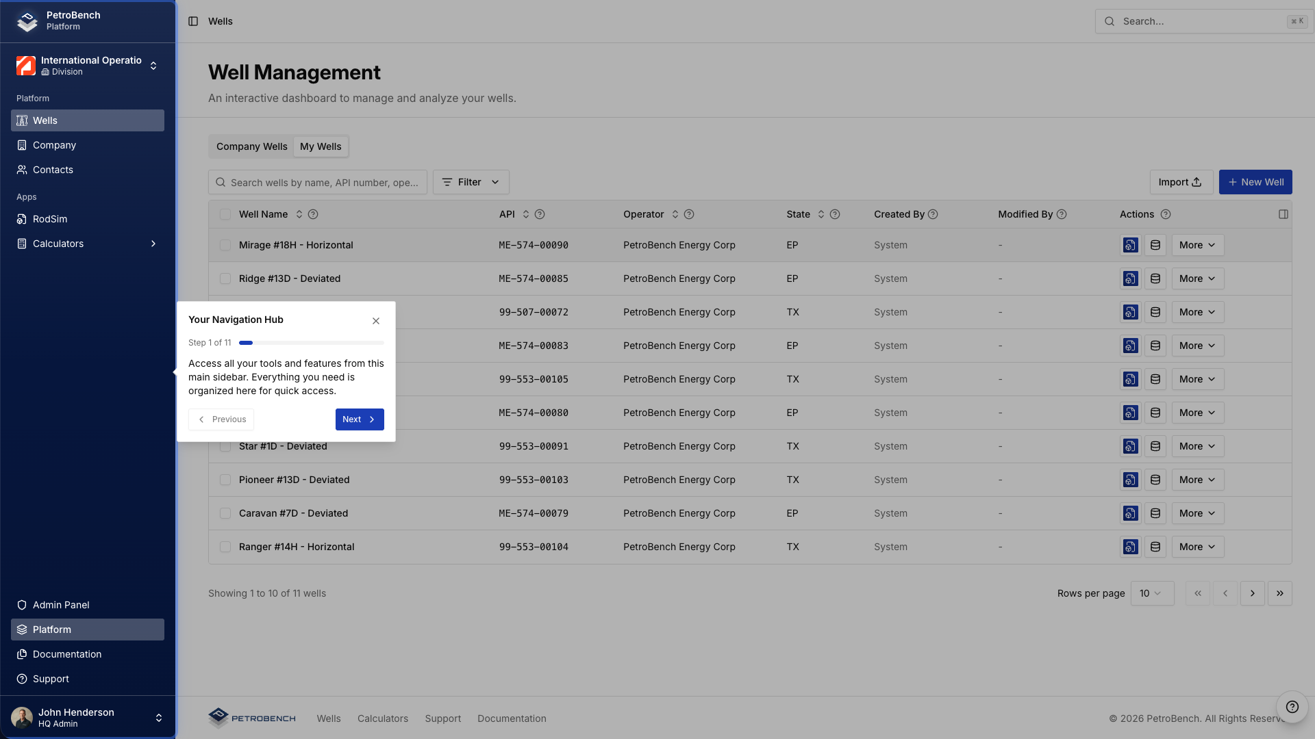 Navigation hub tour with contextual tooltip