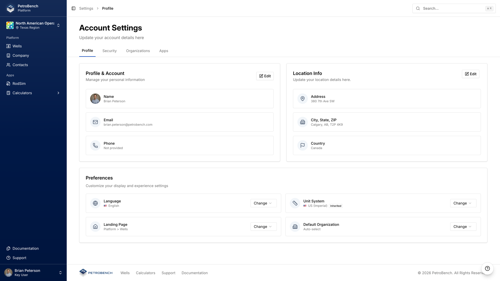 Account settings with unit and language preferences